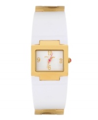 Sunny gold and cool white are a smash hit on this bangle watch by Betsey Johnson. White optical resin and gold tone stainless steel bangle bracelet and rectangular gold tone stainless steel case. White dial features gold tone numerals at twelve, three, six and nine o'clock, gold tone hour and minute hands, signature fuchsia second hand and logo. Quartz movement. Water resistant to 30 meters. Two-year limited warranty.