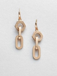 A logo accented nut and narrow, chain links in a chic drop design. Rose goldtone brassDrop, about 1.9Hook backImported 