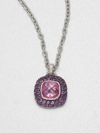 A cushion-cut pink corundum stone surrounded by pavé amethyst stones set in textured sterling silver on a link chain. Pink corundum and amethystSterling silverLength, about 17Pendant size, about 1Lobster clasp closureImported 