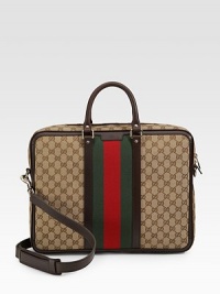 GG fabric briefcase with signature web detail. Double zip top closure with lock Double handles Adjustable, detachable shoulder strap Red/green/red signature web Light gold hardware Interior zip, cell phone and PDA pockets Padded laptop compartment with tab snap 2.4W X 12.2H X 16.5L Made in Italy 