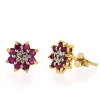 18K Gold over Sterling Silver Ruby & Diamond Accent Flower Stud Earrings