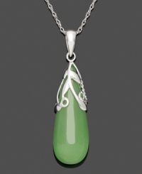 The look of serenity, this peaceful style is both calming and cool. Crafted from a sold, teardrop-shaped jade (10 mm x 25 mm), a swirling sterling silver overlay and chain adds the perfect final touch. Approximate length: 18 inches. Approximate drop: 1-1/2 inches.