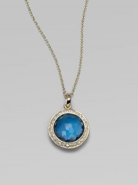 From the Lollipop Collection. Color surrounded by shimmer, from a faceted blue topaz, framed in diamonds, hanging on a graceful chain. Blue topaz Diamonds, 0.14 tcw 18k yellow gold Chain length, about 16 with 2 extender Pendant diameter, about ½ Lobster clasp Imported