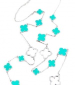 Silver Clover Leaf Multi Station Turquoise Enamel Necklace Long Rolo Chain Adjustable 36 - 39