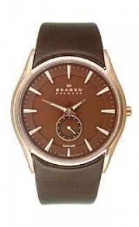 Skagen Brown Dial Gold Tone Stainless Steel Brown Leather Mens Watch 808XLRLD