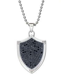 Strength in style. This unique, shield-shaped men's pendant is set in stainless steel with single-cut black diamonds (1/2 ct. t.w.) at the center. Approximate length: 24 inches. Approximate drop: 2 inches.