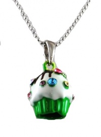 Yummy Green 3d Cupcake with Icing Charm Necklace with Crystals & Chocolate Silver Tone