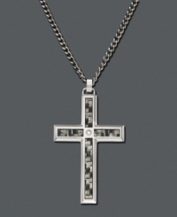 Made of strong metal, this cross necklace symbolizes the ultimate long-lasting gift of faith. Cross pendant crafted with stainless steel and carbide. Featured on a diamond accent curb chain.  Approximate length: 24 inches. Approximate drop: 1-1/2 inches.