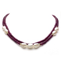 9-10mm Cultured Freshwater Pearl 2 Row 3-4mm Red Ruby Necklace 18 Length with 6 pcs 3mm 14k Yellow Gold Beads