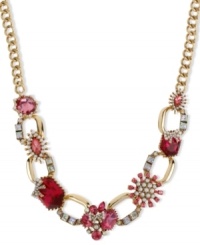 Alluring gems from Betsey Johnson. With a gold tone linked chain, this frontal necklace flaunts fuchsia-colored crystals, glass pearls and square crystal accents. Crafted in antiqued gold tone mixed metal. Approximate length: 16 inches + 3-inch extender. Approximate drop: 1-1/10 inches.