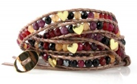 Kismet Colorful Jade, Onyx, Hematite Gemstone Wrap Bracelet & Golden Hearts on Bronze Kansa Genuine Leather; Extra Long 5x Wrap Bracelet, Gift Box