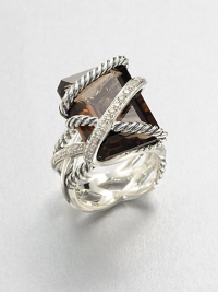 A beautiful emerald-cut smokey quartz stone wrapped in sterling silver cables and diamonds. Smokey quartzDiamonds, .5 tcwSterling silverWidth, about .78Imported