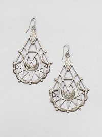 From the Black Label Collection. A tapered medallion is striking in these lacy, latticed drops that display ancient symbols.Silverplated brassDrop, about 3Ear wireMade in USA