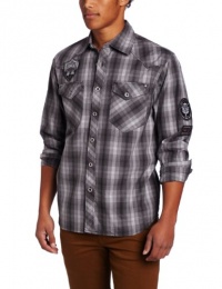 Southpole Men's Long Sleeve Plaid Button Down Shirt with Patch Details