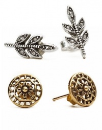 VINTAGE LOOK LUCKY 2 TWO PAIR STUD SET RHINESTONE & SILVERY LEAF AND TRIBAL CIRCLE OPENWORK GOLD-TONE BRAND STUD EARRINGS