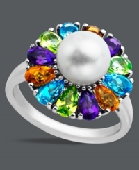 A burst of vibrant color adorns this polished sterling silver ring. Pear-cut blue topaz (3/4 ct. t.w.), citrine (5/8 ct. t.w.), amethyst (5/8 ct. t.w.) and peridot (5/8 ct. t.w.) surround a cultured freshwater pearl (8mm) for a whimsical flower effect. Size 7.