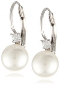 Sterling Silver White Shell Pearl and Cubic Zirconia Lever Back Earrings (8mm)