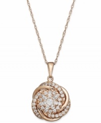 Swirls of pave-set perfection adorn Wrapped in Love's™ stunning knot pendant. Crafted in 14k rose gold with an array of round-cut diamonds (3/4 ct. t.w.). Approximate length: 18 inches. Approximate drop: 1/2 inch.