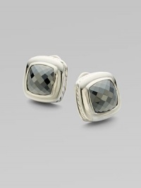 From the Albion Collection. A faceted cushion of hematite, subtly radiant, sits within an elegant setting of sterling silver. Hematite Sterling silver About ½ square Post back Made in USA