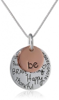 Two-Tone Sterling Silver with Rose Gold Flashed Be Kind Free True Brave Strong Happy Thankful Compassionate Two Charm Graffiti Necklace, 18