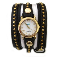 La Mer Collections - Bali Stud Black w/ Gold Leather Wrap Watch