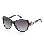 The Mediterranean flower sunglasses are as timeless and sophisticated as BVLGARI exquisite jewelry. Reflections of luxuriant petals, this cat eye style in black has grey, gradient lenses and features elegant Swarovski crystals at the temples.