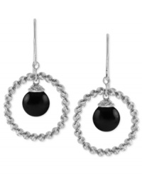 Bring light to the dark with this pair of sterling silver drop earrings. Rich onyx (8 mm) is surrounded by rhodium-plated sparkle beads for a lustrous effect that evokes elegance. Approximate drop length: 1-1/4 inches. Approximate drop width: 3/4 inch.