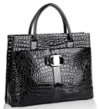 MG Collection MAXX Black High Gloss Crocodile Print Office Tote Briefcase