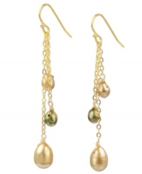 Natural resplendence. Polished cultured freshwater pearls (4-9 mm) in natural and green hues dangle delicately on these 18k gold over sterling silver earrings. Approximate drop: 2 inches.