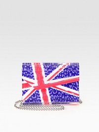 A bright Union Jack flag defines this versatile shape of sleek acrylic. Detachable chain shoulder strap, 21½ dropMagnetic flap closureOne inside open pocketSatin lining6¾W X 5¼H X 1½DMade in Italy