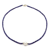 14k Yellow Gold 12-13mm Freshwater Cultured Pearl 4-5mm Blue Sapphire Gemstones Necklace 18 Length with 3mm Yellow Gold Beads and Filigree Clasp.