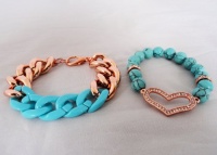 Set of 2 Stretch Blue Beaded Bracelet w/ Heart & Rose Gold Chunky Bracelet