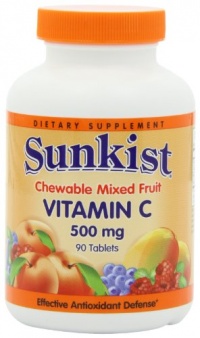 Sunkist Vitamin C Chewable Tablets, 500 Mg, Mixed Fruit, 90-Count Bottles (Pack of 2)