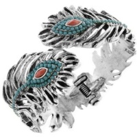 Lucky Brand Jewelry Turquoise & Silver Beaded Tribal Peacock Feather Cuff Bracelet