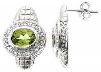 Sterling Silver Earrings With Bezeled Oval Light Green Peridot And White Topaz Pave