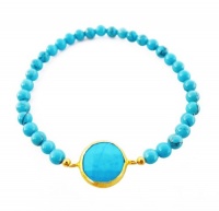 Turquoise Bezel Round Charm Beaded Stretch Bracelet 14K Gold Vermeil Women's Fashion Chic Jewelry