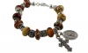 Ivory, Beige, Brown, and Burnt Orange Fall Trending Pandora Style Bead Bracelet with Beautiful Filigree Hanging Cross and Imported Italian Religious Catholic Medal of the Blessed Mother of Guadalupe with a Portrait of the Sacred Heart of Jesus on the Reve