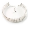 3 Tier Glass Pearl Collar Necklace In Silver Plating (Snow White)