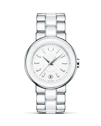 A chic pairing of stainless steel with white ceramic makes this MOVADO timepiece a modern classic.