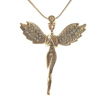 DaisyJewel Genuine AngelFeel Brand Guardian Angel Gold Pendant Necklace: This Beautiful Angel with Arms Across Her Heart Is 1.75 in Long and 1.5 In. Wide with a Sparkling Topaz Head, Golden Halo, and Swarovski Crystal Pave Wings. She Hangs From a Matching