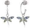 Sterling Silver Blue and Green Crystal Dragonfly Charm Hoop Earrings (0.4 Diameter)