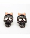 DARK FOREST HEMATITE-LOOK CRYSTAL SKULLS W/ PINK BOWS SKULL STUDS EARRINGS * IN GIFT BOX