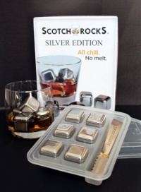 Scotch Rocks Silver Edition Gift Box. Set of 6 Stainless Steel Ice Cubes with Tongs