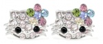 X-small 1/4 Kitty Stud Earrings w/ Rainbow Multicolor Flower Bow - Silver Plated - Comes Gift Boxed