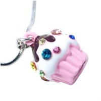 Adorable Juicy Inspired Small Pink Cupcake w/ Frosting and Sparkling Rainbow Crystal Sprinkles Necklace