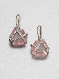 From the Cable Wrap Collection. An pretty, hexagon-shaped rose quartz stone drop wrapped in sterling silver cables and dazzling diamonds. Rose quartzDiamonds, .25 tcwSterling silverSize, about .55Hook backImported 