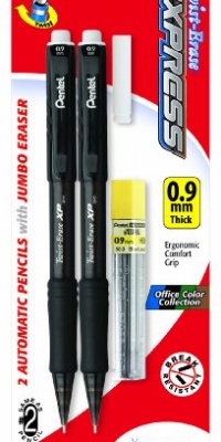 Pentel Twist-Erase EXPRESS Automatic Pencil with Lead and Eraser, 0.9mm, Black Barrels, 2 Pack (QE419LEBP2)