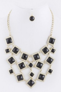 Fashion Jewelry - SQUARE HAMMERED JEWEL LINKED NECKLACE SET - By Fashion Destination | Free Shipping (Black)