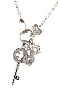 Silver Rhodium Plated Juicy Inspired Crystal Pavé Heart Shaped Padlock, Crown and Key Charm Couture Necklace