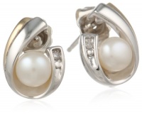 S&G Sterling Silver and 14k Yellow Gold 5mm Freshwater Cultured Pearl and Diamond Earrings (0.01cttw, I-J Color, I3 Clarity)